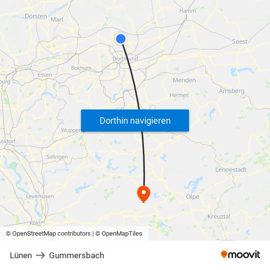 Lünen to Gummersbach map