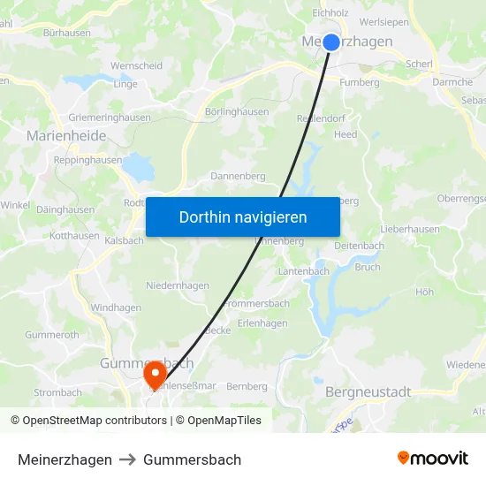 Meinerzhagen to Gummersbach map