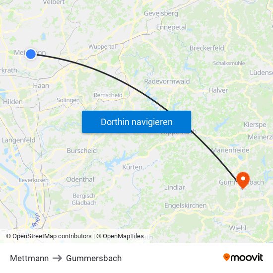 Mettmann to Gummersbach map