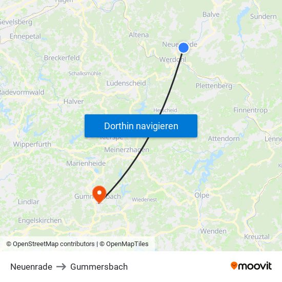 Neuenrade to Gummersbach map