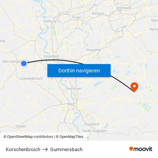 Korschenbroich to Gummersbach map