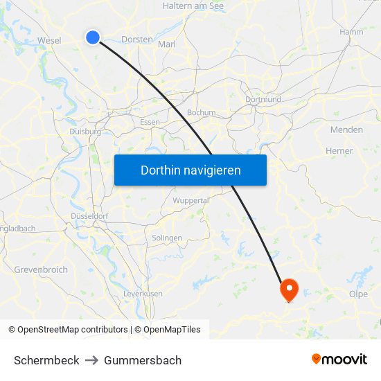 Schermbeck to Gummersbach map