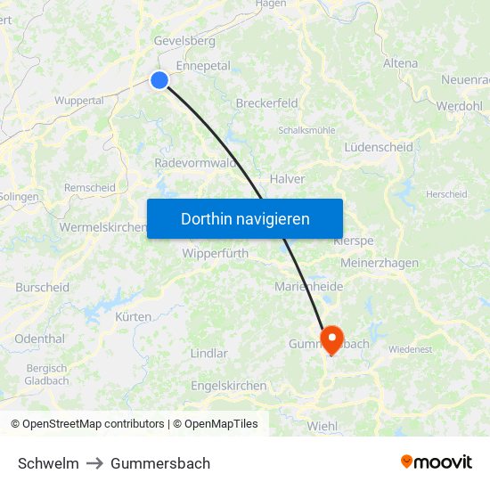 Schwelm to Gummersbach map