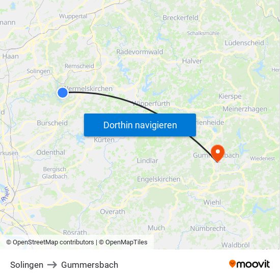 Solingen to Gummersbach map