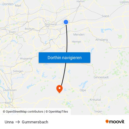 Unna to Gummersbach map