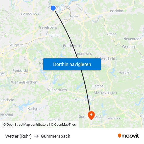Wetter (Ruhr) to Gummersbach map