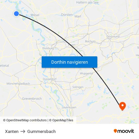 Xanten to Gummersbach map