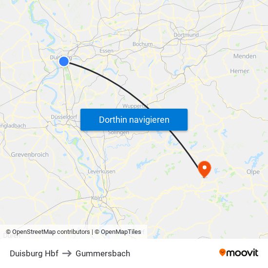 Duisburg Hbf to Gummersbach map