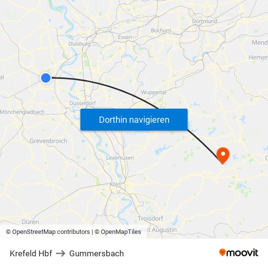 Krefeld Hbf to Gummersbach map