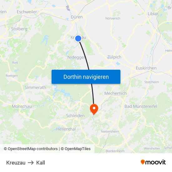 Kreuzau to Kall map