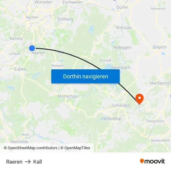 Raeren to Kall map