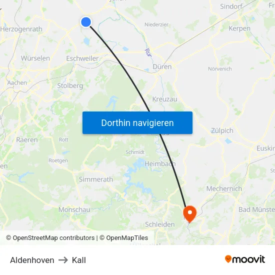 Aldenhoven to Kall map