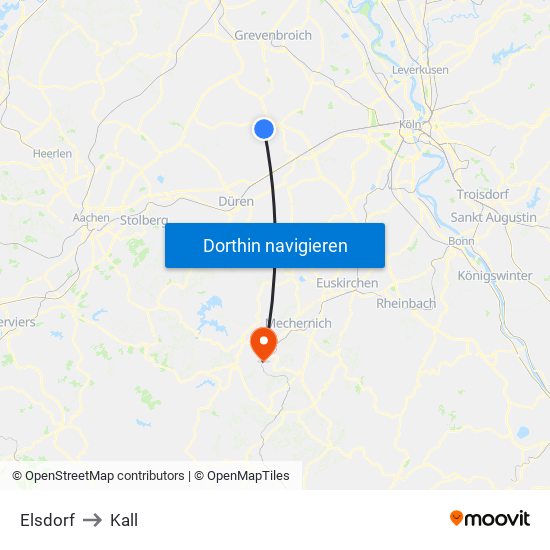 Elsdorf to Kall map