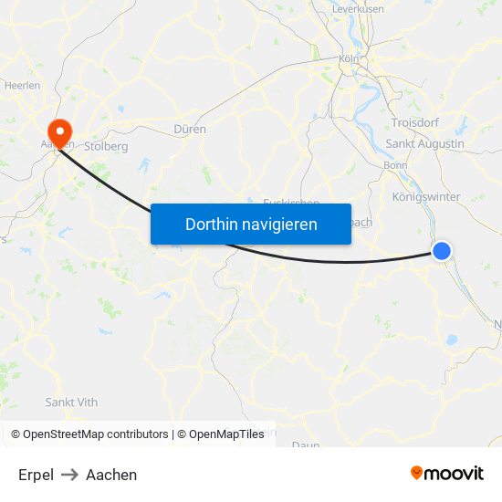 Erpel to Aachen map
