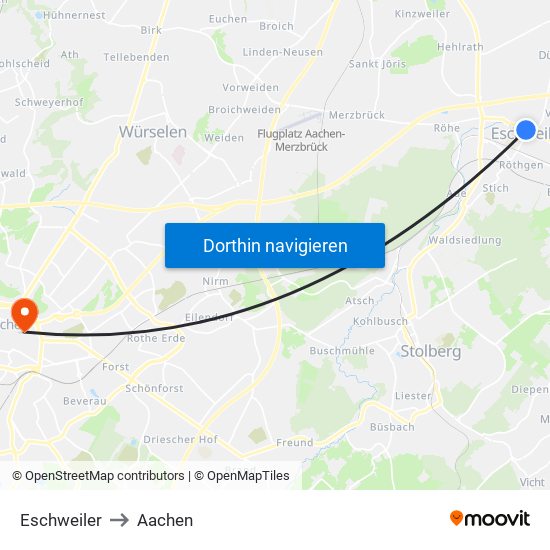 Eschweiler to Aachen map