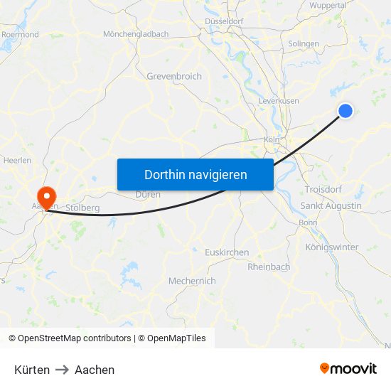 Kürten to Aachen map