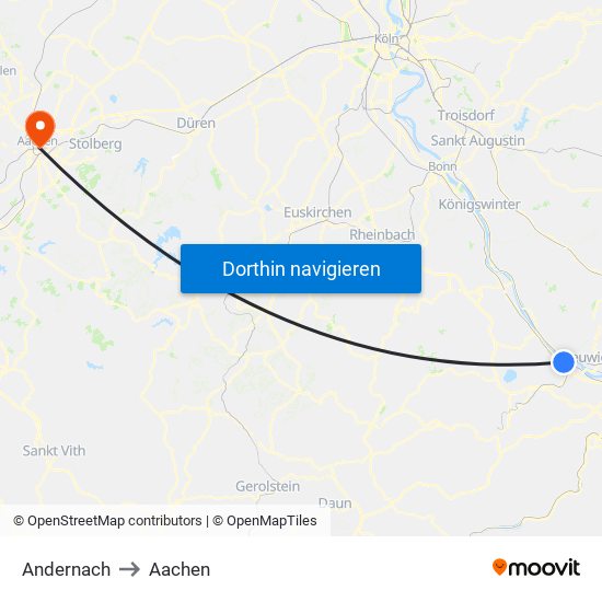 Andernach to Aachen map