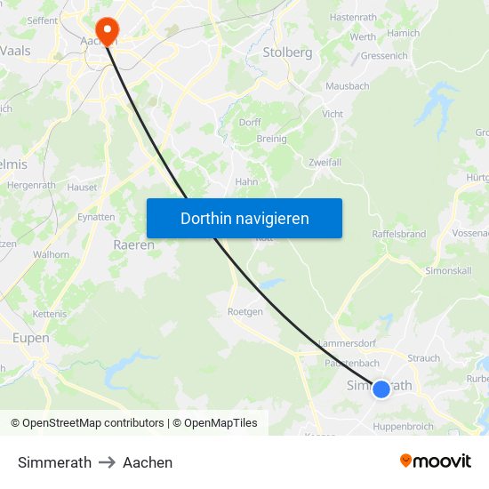 Simmerath to Aachen map