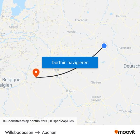 Willebadessen to Aachen map