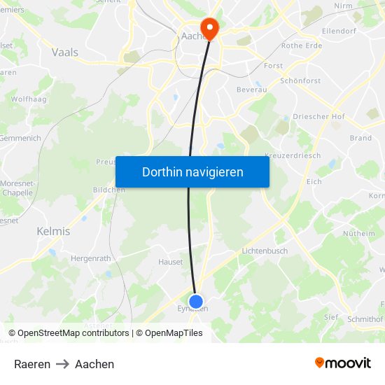 Raeren to Aachen map