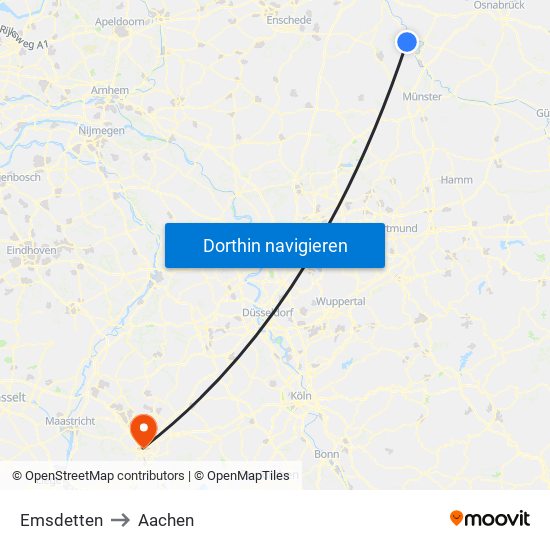 Emsdetten to Aachen map