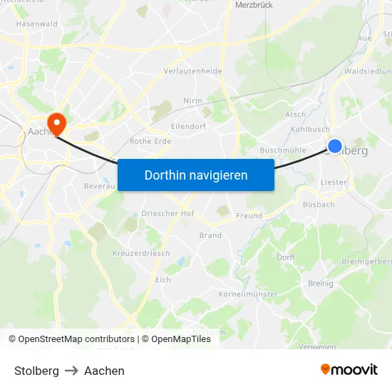 Stolberg to Aachen map