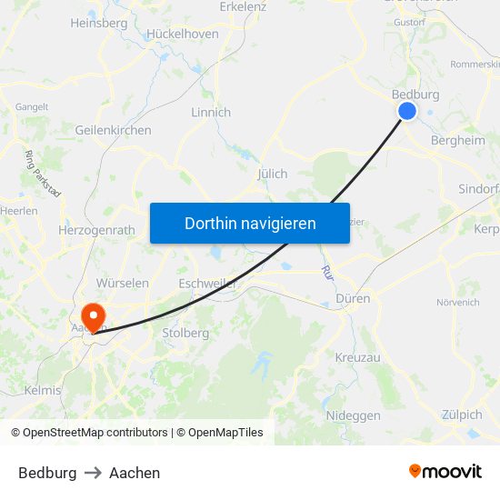 Bedburg to Aachen map