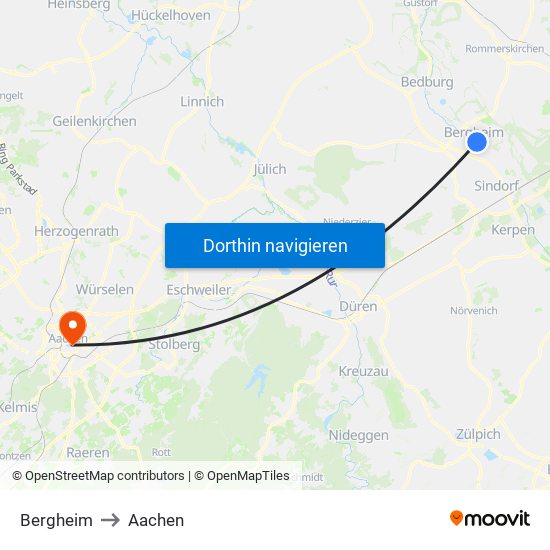 Bergheim to Aachen map