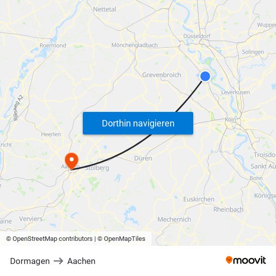 Dormagen to Aachen map