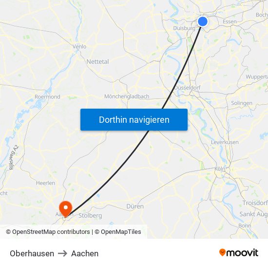 Oberhausen to Aachen map