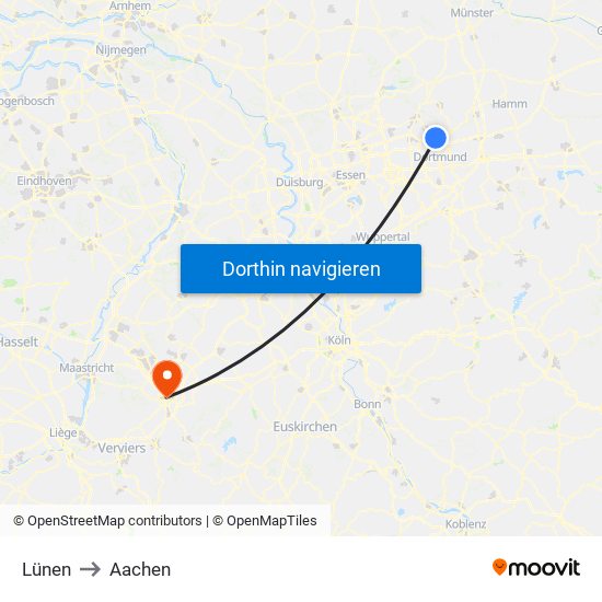 Lünen to Aachen map