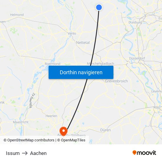 Issum to Aachen map