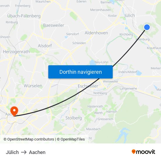 Jülich to Aachen map