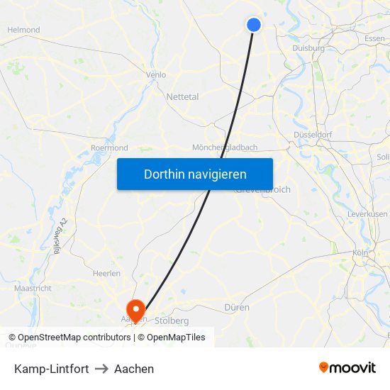 Kamp-Lintfort to Aachen map