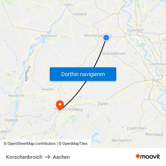 Korschenbroich to Aachen map