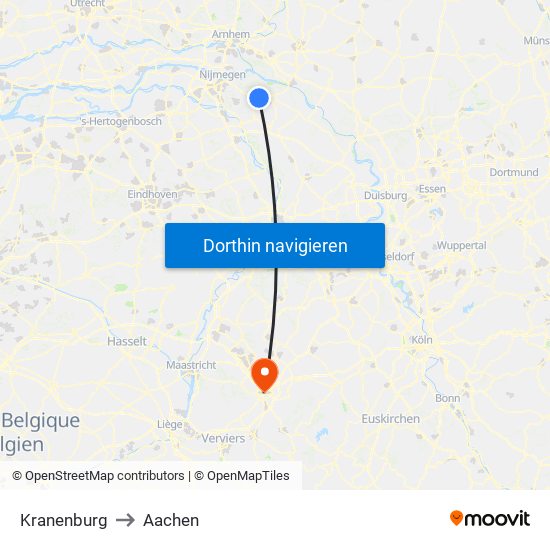 Kranenburg to Aachen map
