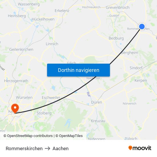 Rommerskirchen to Aachen map