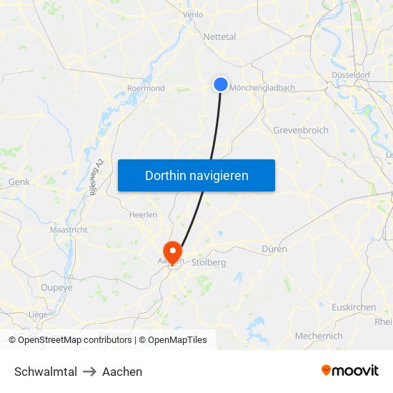 Schwalmtal to Aachen map