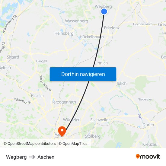 Wegberg to Aachen map