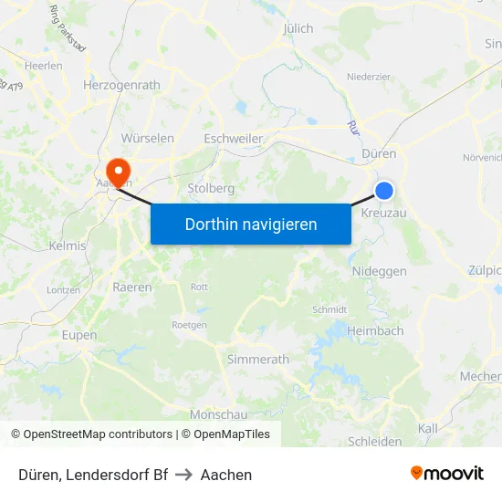 Düren, Lendersdorf Bf to Aachen map