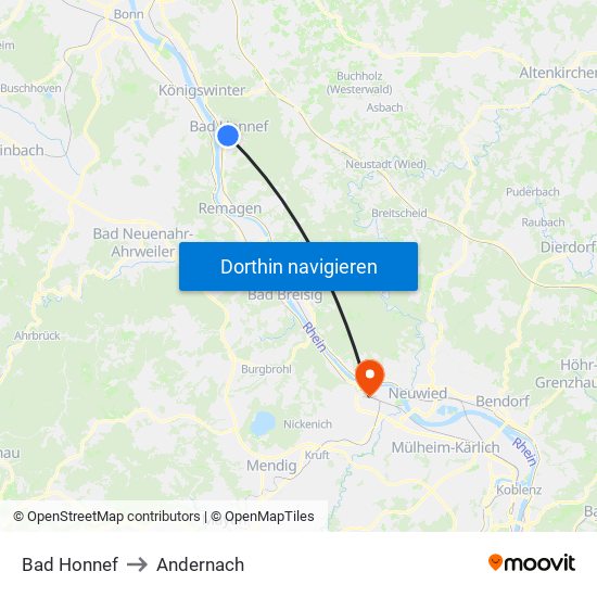 Bad Honnef to Andernach map