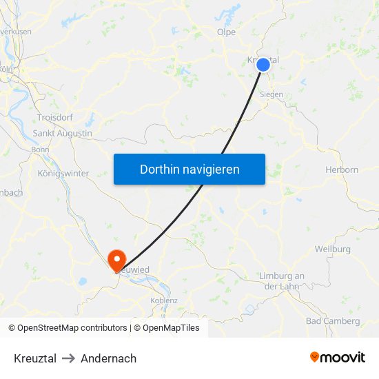 Kreuztal to Andernach map