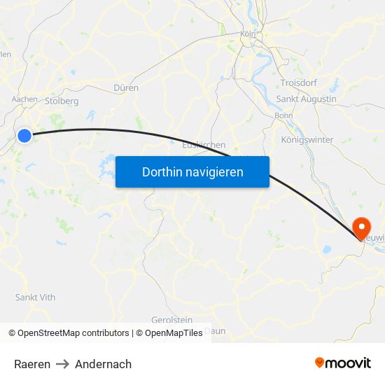 Raeren to Andernach map