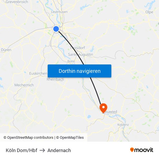 Köln Dom/Hbf to Andernach map