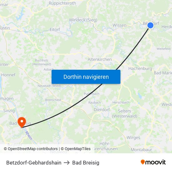 Betzdorf-Gebhardshain to Bad Breisig map