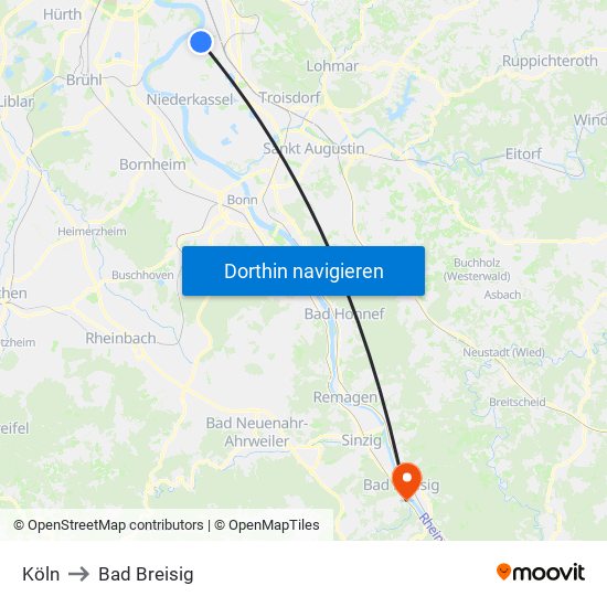 Köln to Bad Breisig map