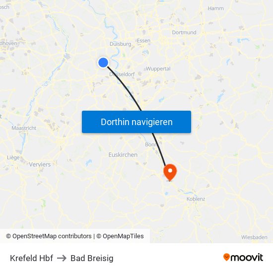 Krefeld Hbf to Bad Breisig map