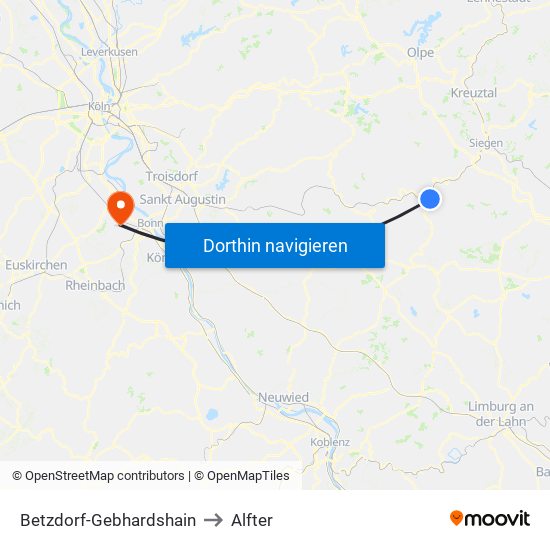 Betzdorf-Gebhardshain to Alfter map