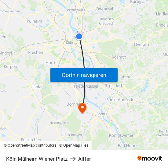Köln Mülheim Wiener Platz to Alfter map
