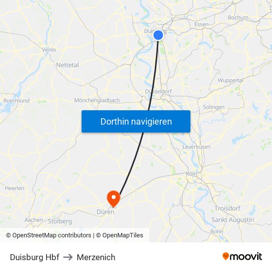 Duisburg Hbf to Merzenich map